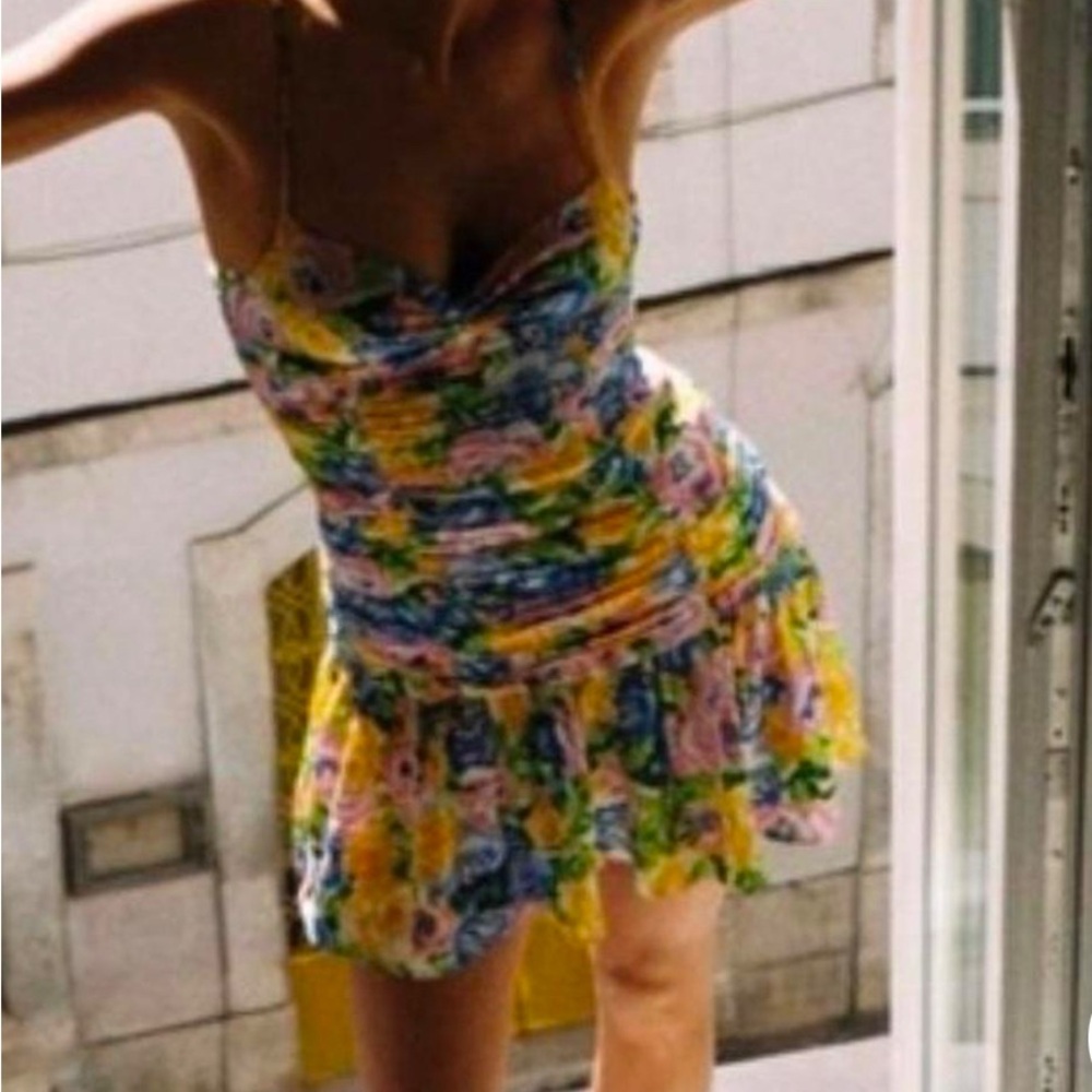 Zara Ruched and Draped Floral Mini Dress